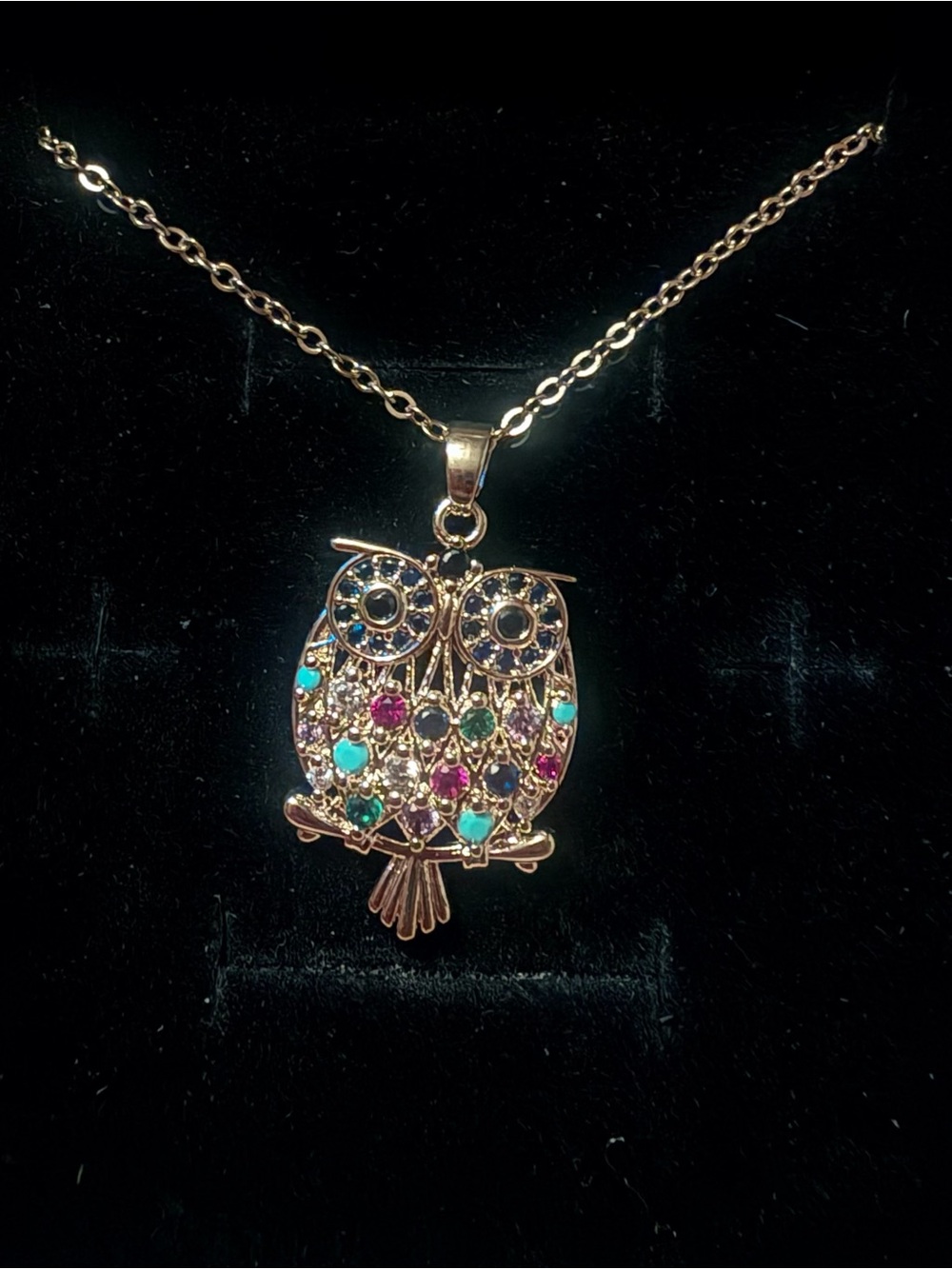 Gold-Tone Owl Pendant Necklace with Multicolor Stones
